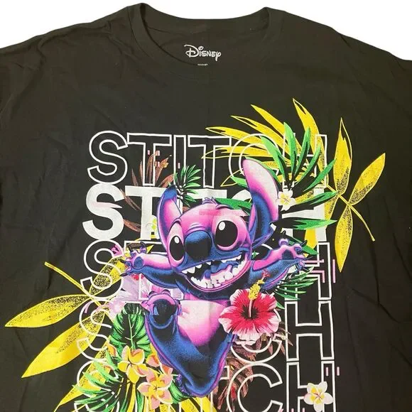 Lilo And Stitch T-Shirt Mens XL Black Hawaiian Colorful Short Sleeve Floral - Picture 2 of 8